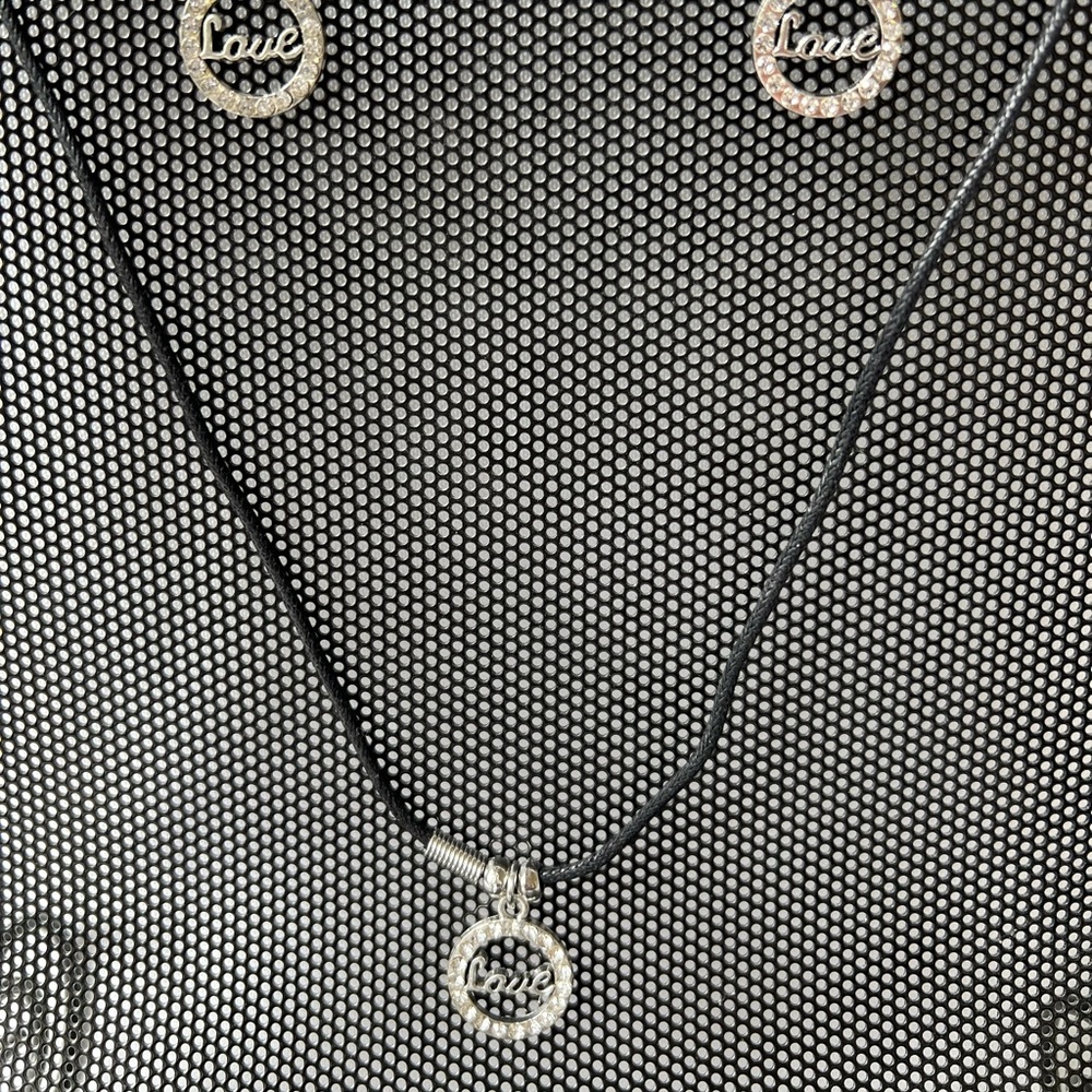Colliery Necklace Pendant Earrings Set White Rhinestone Love Charm Graduation